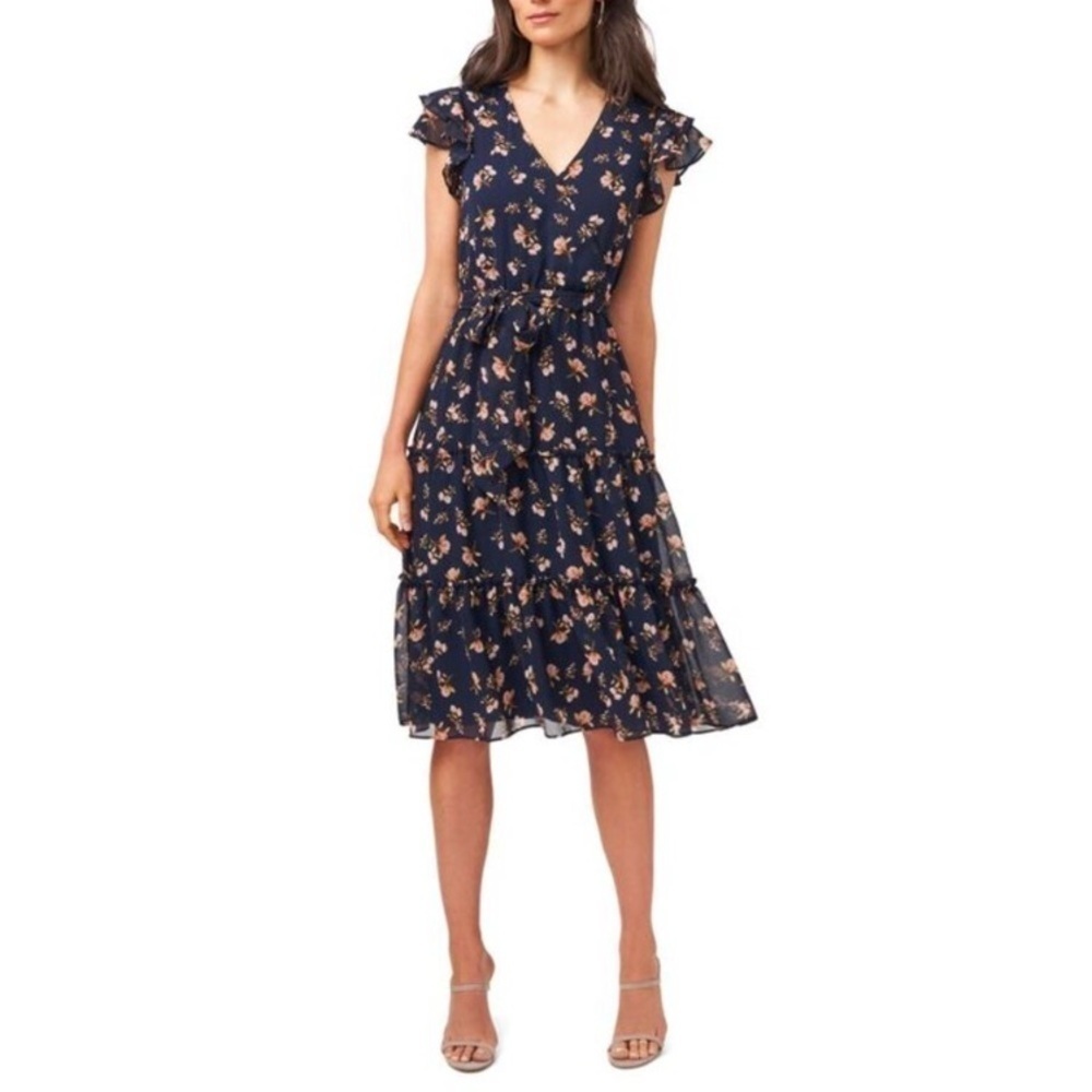 1.State Floral Flutter Sleeve Dress NEW Sz 3X Blue Midi Button Front